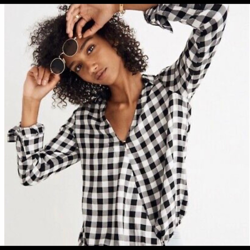Madewell Black & White Buffalo Check Wrap Top